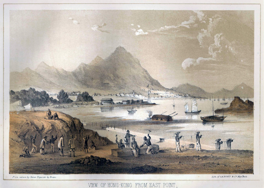 A view from the far side of East Point (now Causeway Bay) across an area now the Victoria Park, of Chinese workers quarrying stone for building. The background is the Victoria Peak. (View of Hong Kong from East Point, 1856, by Heine, William. Source: Wattis Fine Art)